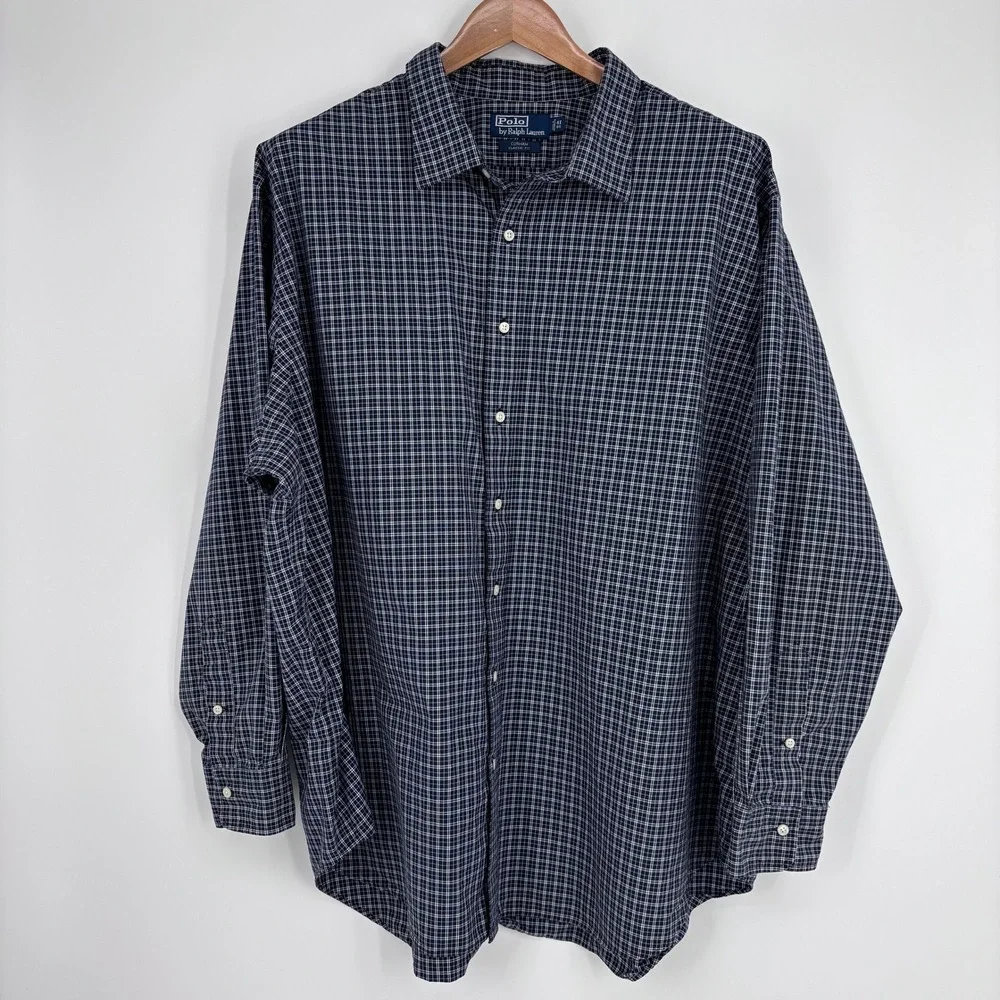 Polo Ralph Lauren Curham Open Collar Shirt Mens 4X Big Blue Plaid Preppy